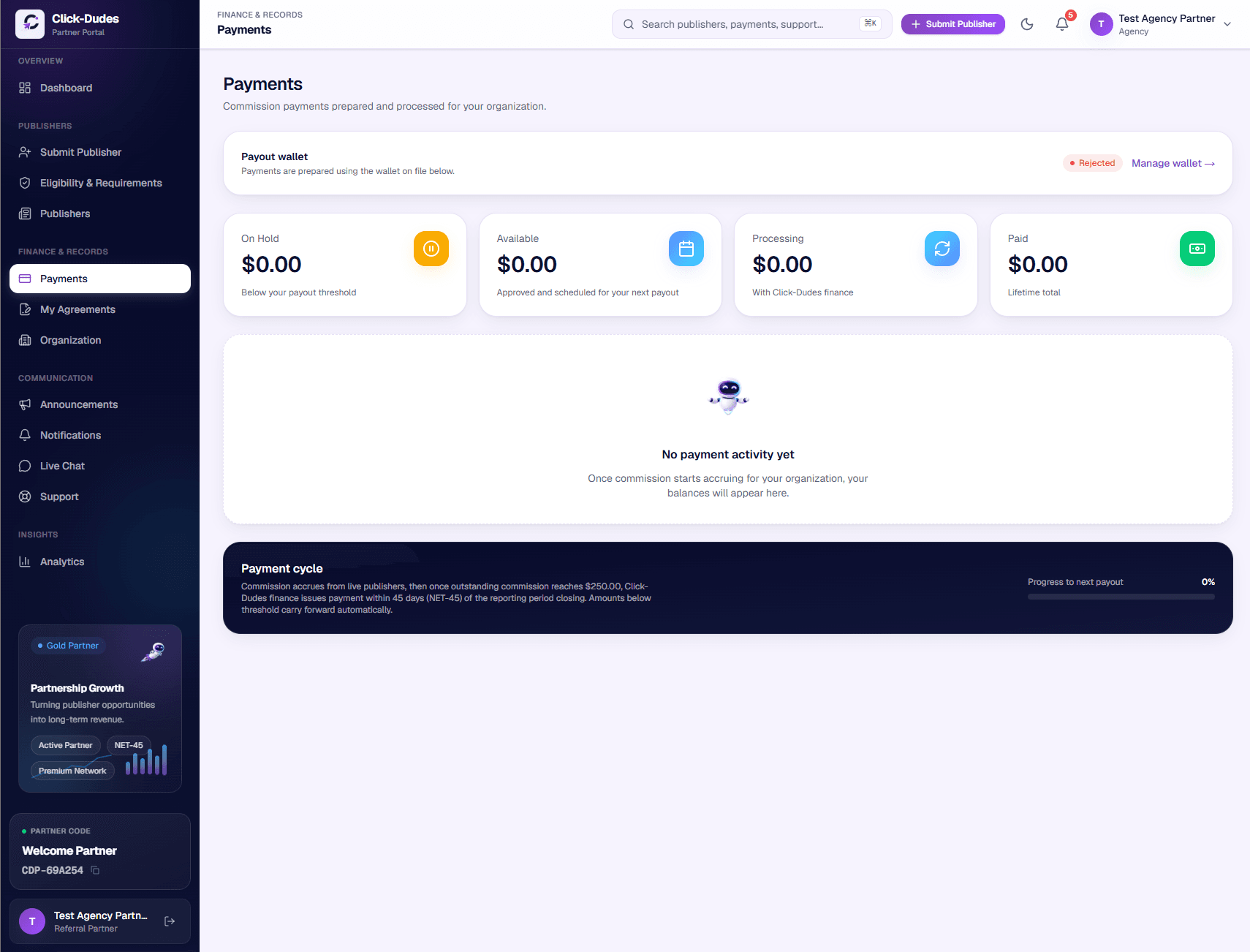 Payments screen showing balance and payout timeline