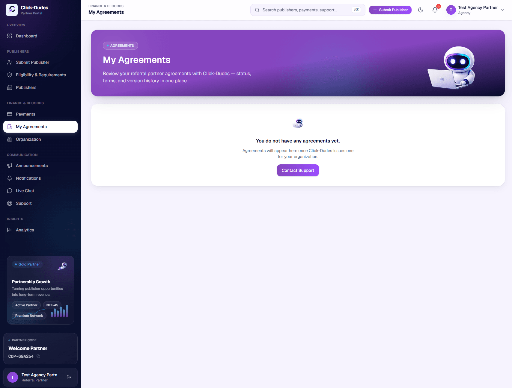 Partner agreements list with status