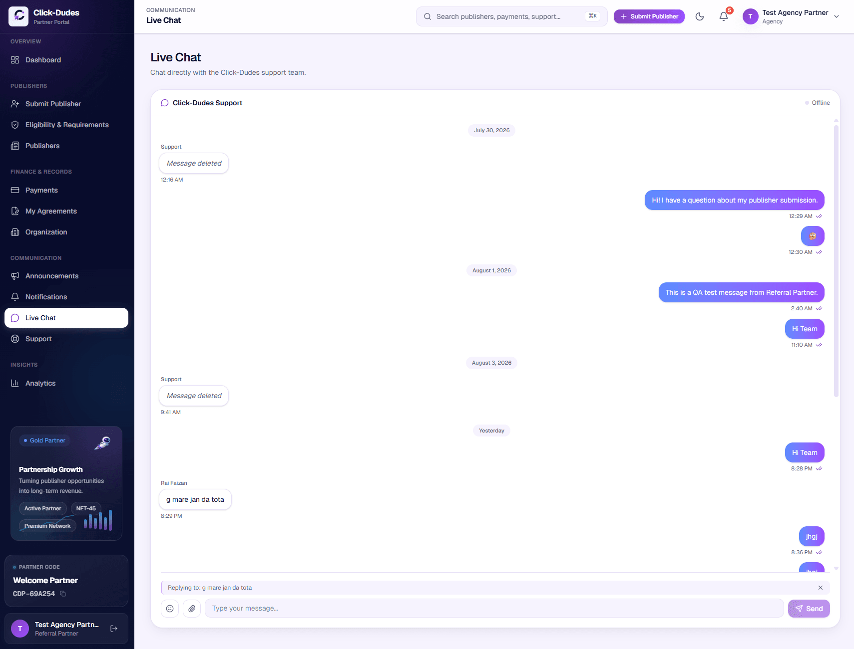 Live chat support conversation